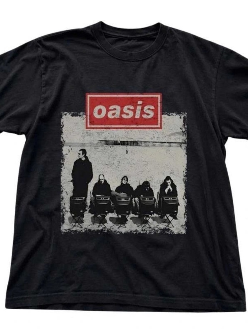 Oasis Black Tee with Red Logo and Monochrome Photo
